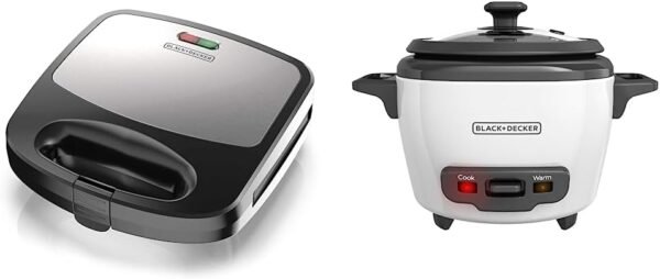 Black+Decker 3-in-1 WM2000SD 3-in-1 Waffle, Grill & Sandwich Maker, Compact Design, Black/Silver & Rice Cooker 3 Cups Cooked (1.5 Cups Uncooked) with Steaming Basket, Removable...