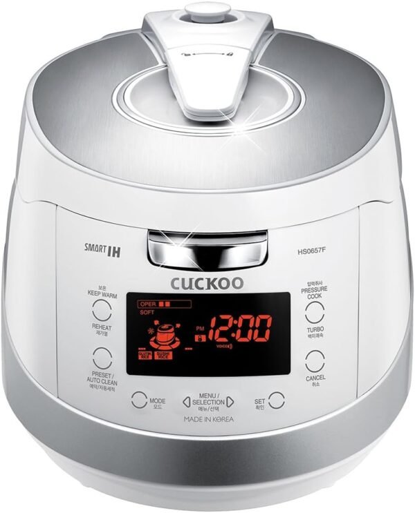 Cuckoo Induction Heating Pressure Rice Cooker – 18 built-in programs including Glutinous, GABA, Mixed, Sushi and more, Non-Stick Coating, Made in Korea, White/Silver, 6 Cups