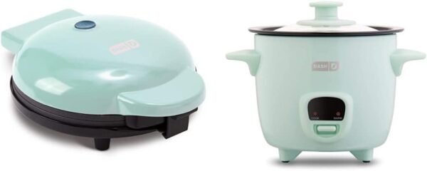 DASH 8” Express Electric Round Griddle & Snacks - Aqua & Mini Rice Cooker Steamer with Removable Nonstick Pot, Keep Warm Function & Recipe Guide, 2 cups, Aqua