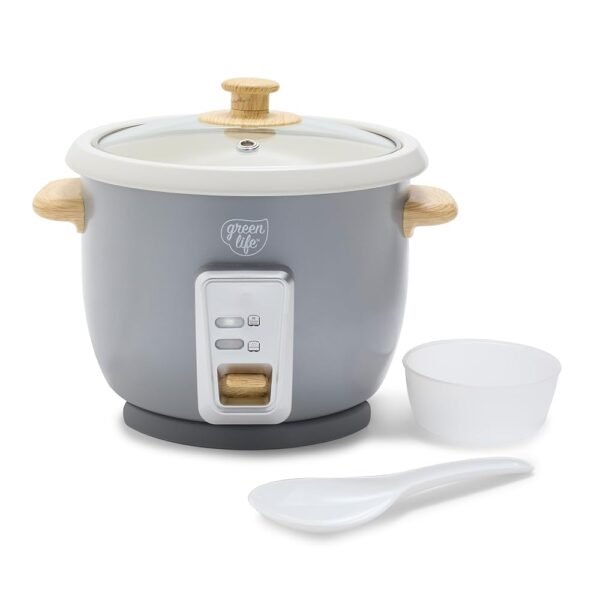 GreenLife Electric Rice Cooker Steamer, 3 Cups Uncooked/6 Cooked Rice, PFAS Free Removable Nonstick Pot, Auto Presets, Wood Print Handle, Dishwasher Safe, Measuring Cup, Rice...