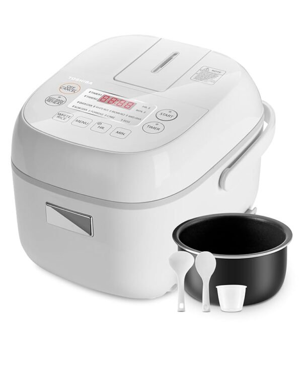 Toshiba Mini Rice Cooker, 3 Cups Uncooked Small Rice Cooker, Steamer & Warmer, With Fuzzy Logic And One-Touch Cooking, 24 Hour Delay Timer And Auto Keep Warm Feature, White