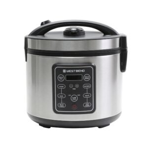 West Bend Rice & Grain Multi Cooker Programmable with 9 Preset Functions, Features Delay Start and Keep Warm Functions and Steam Basket, 20 Cups Cooked, Stainless Steel